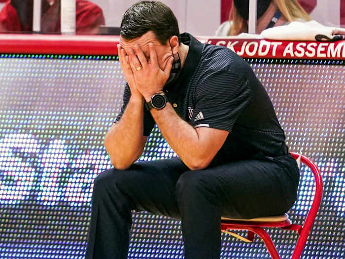 Indiana Hoosiers head coach Archie Miller reacts after a play during the game against Michigan State at Simon Skjodt Assembly Hall in Bloomington, Ind., on Saturday, Feb. 20, 2021.