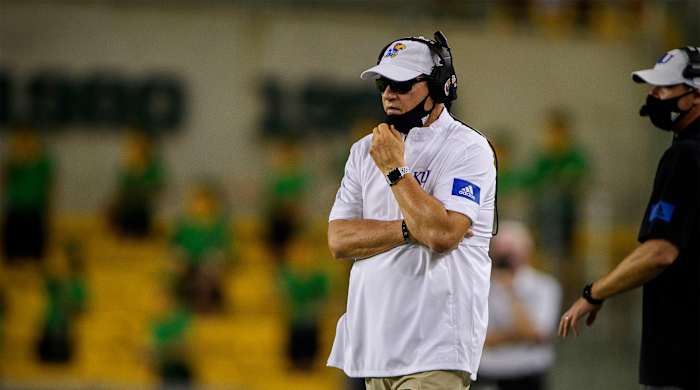 Sep 26, 2020; Waco, Texas, USA; Kansas Jayhawks head coach Les Miles during the game between the Bears and the Jayhawks at McLane Stadium.
