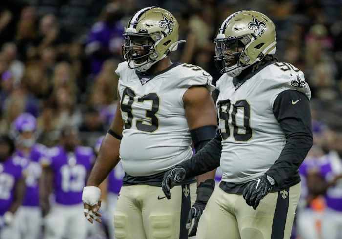 Aug 9, 2019; New Orleans, LA, USA; Saints defensive tackles David Onyemata (93) and Malcom Brown (90) at the Mercedes-Benz Superdome. Mandatory Credit: Derick E. Hingle-USA TODAY