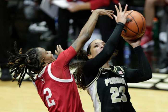 Purdue guard Kayana Traylor (23) goes up for a layup past Indiana guard Keyanna Warthen (2) during the second quarter of an NCAA women's basketball game, Thursday, Jan. 14, 2021 at Mackey Arena.
