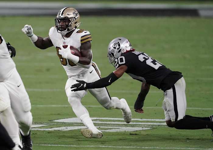 Sep 21, 2020; Paradise, Nevada, USA; Saints running back Ty Montgomery (88) runs the ball against Raiders cornerback Damon Arnette (20). Mandatory Credit: Kirby Lee-USA TODAY Sports