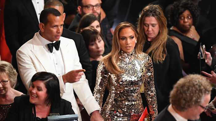 Alex Rodriguez and Jennifer Lopez enter the 91st Academy Awards at the Dolby Theatre.