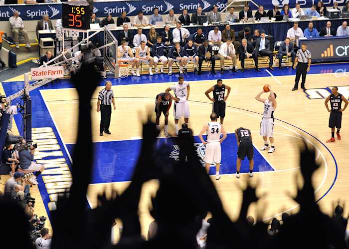 Jimmer Fredette shoots a free throw vs. San Diego State