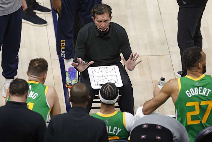 Quin Snyder coaches the Utah Jazz during a timeout earlier this season
