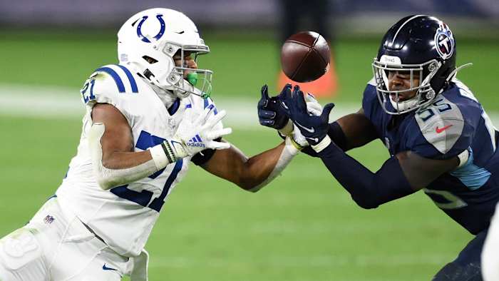 Brown breaks up a pass intended for Indianapolis Colts running back Nyheim Hines.