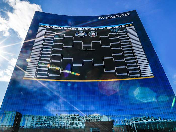The men's NCAA tournament bracket is seen on a Marriott hotel in Indianapolis