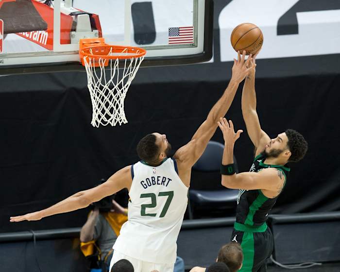 Rudy Gobert (27) blocks a shot by Jayson Tatum (0)