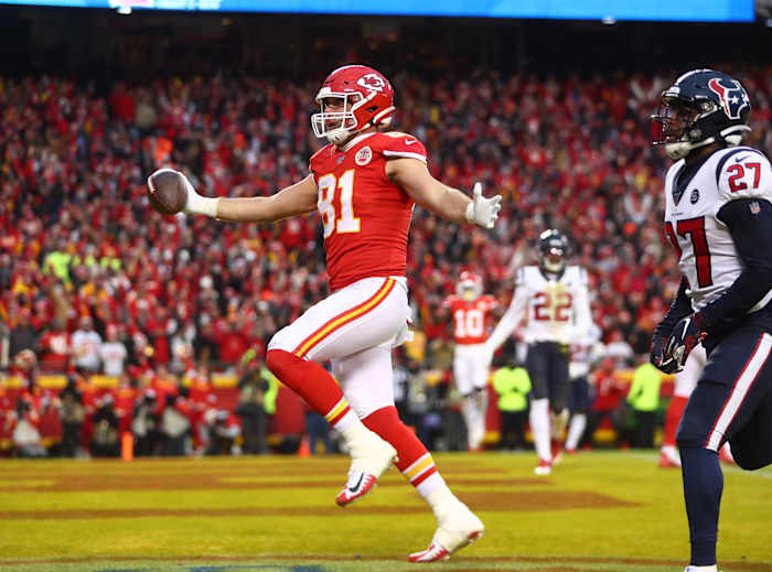 Jan 12, 2020; Kansas City, Missouri, USA; Kansas City Chiefs tight end Blake Bell (81) celebrates after scoring a touchdown against the Houston Texans in the AFC Divisional Round playoff football game at Arrowhead Stadium. Mandatory Credit: Mark J. Rebilas-USA TODAY Sports