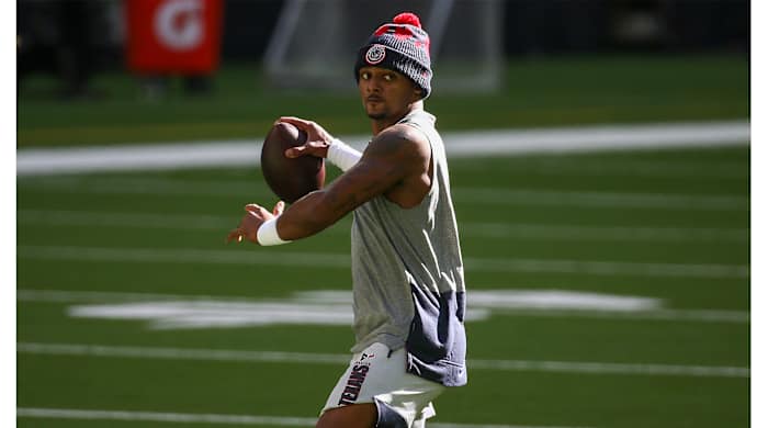 Jan 3, 2021; Houston, Texas, USA; Houston Texans quarterback Deshaun Watson (4) warms up before a game against the Tennessee Titans at NRG Stadium.