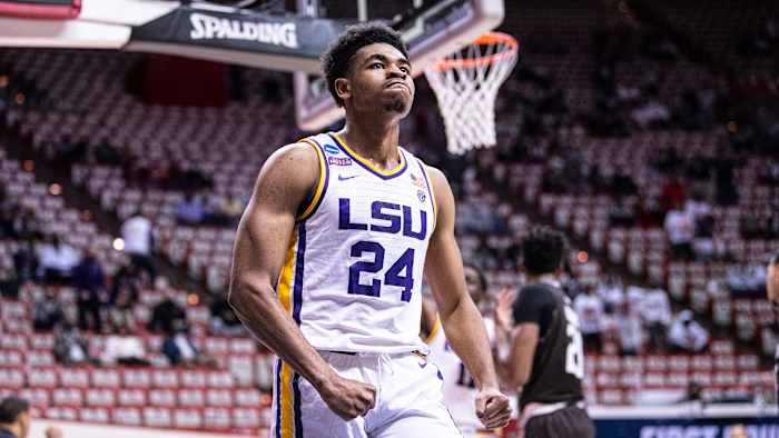 LSU's Cameron Thomas during an NCAA tournament game vs. St. Bonaventure