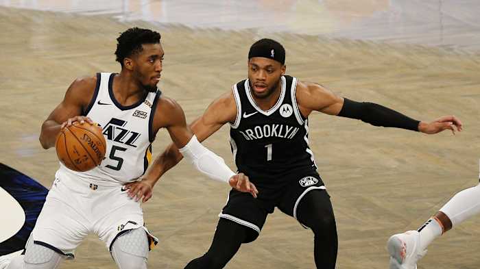 Donovan Mitchell (45) looks to make a play against the Brooklyn Nets