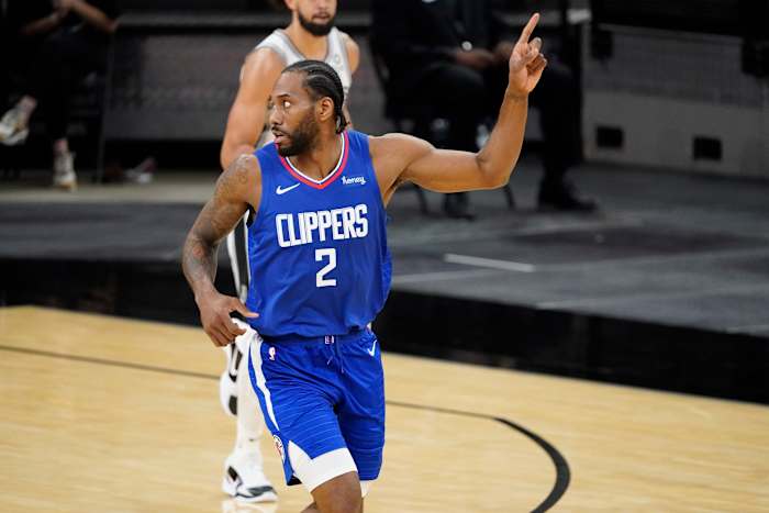 Mar 24, 2021; San Antonio, Texas, USA; Los Angeles Clippers forward Kawhi Leonard (2) reacts after scoring a basket against the San Antonio Spurs the first quarter at AT&T Center. Mandatory Credit: Scott Wachter-USA TODAY Sports