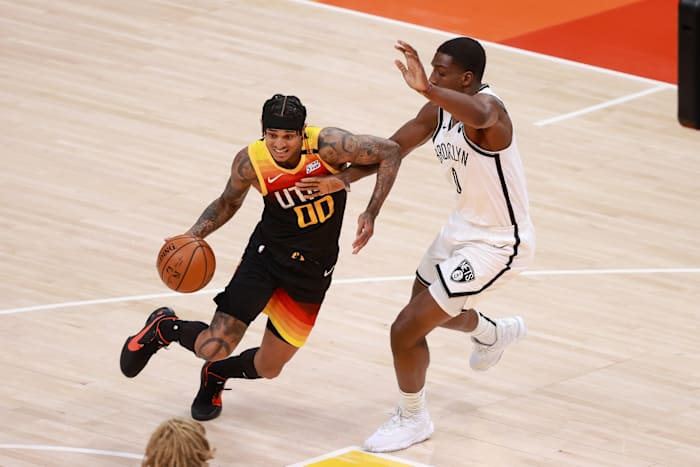 Jordan Clarkson drives through the lane against the Brooklyn Nets