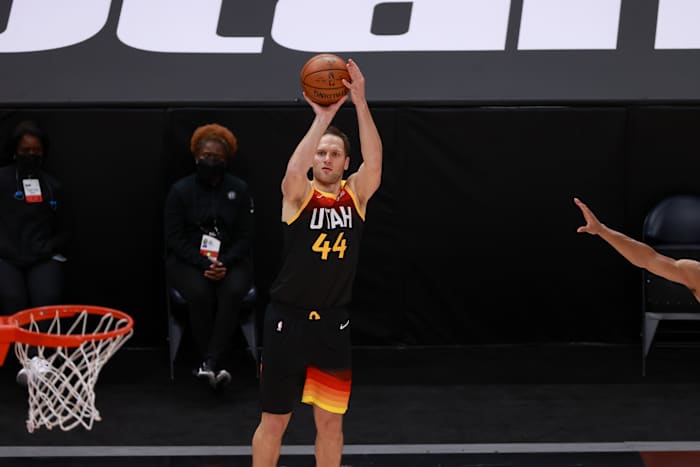 Bojan Bogdanovic knocks down a three-pointer in the Utah Jazz win over the Brooklyn Nets