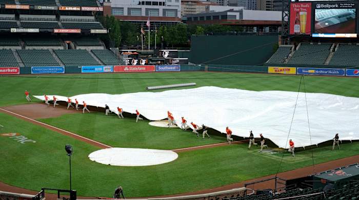 Jul 31, 2020; Baltimore, Maryland, USA;  The Tampa Bay Rays game against the Baltimore Orioles at Oriole Park at Camden Yards has a delayed start due to rain.