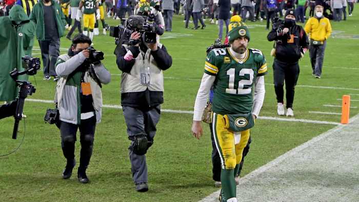Aaron Rodgers walks off the field following the Green Bay Packers' loss to the Tampa Bay Buccaneers in the NFC Championship Game. For how many more season will Rodgers be the quarterback. (Image: Mike De Sisti/USA TODAY Sports)