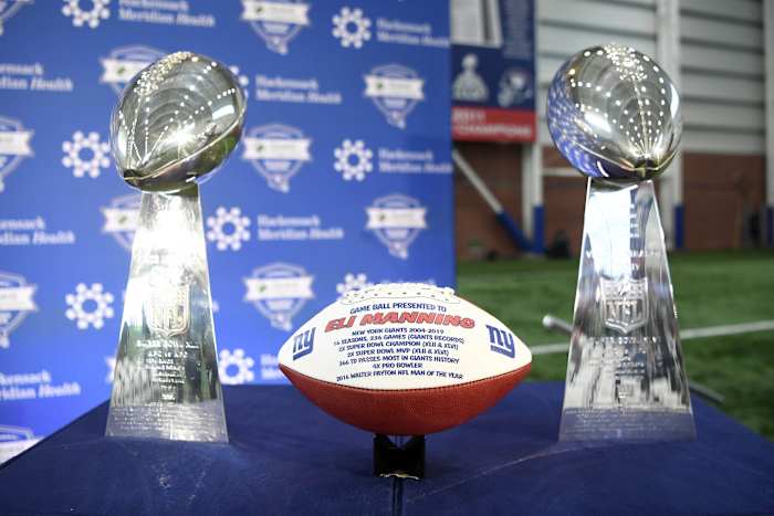 Jan 24, 2020; East Rutherford, New Jersey, USA; Two Vince Lombardy trophies sit on display before New York Giants quarterback Eli Manning announces his retirement at Quest Diagnostics Training Center.