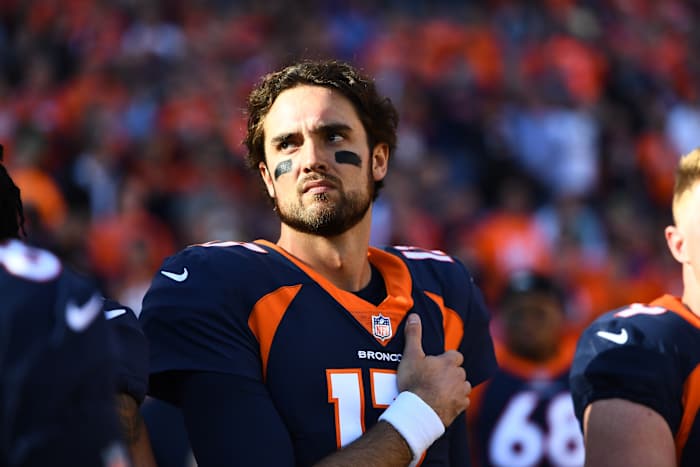 Denver Broncos quarterback Brock Osweiler (17) before the game against the New York Jets at Sports Authority Field at Mile High.