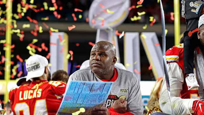 Kansas City Chiefs offensive coordinator Eric Bieniemy reacts after beating the San Francisco 49ers in Super Bowl LIV at Hard Rock Stadium.
