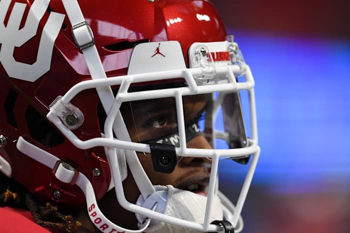 Dec 28, 2019; Atlanta, Georgia, USA; Oklahoma Sooners wide receiver CeeDee Lamb (2) warms up before the 2019 Peach Bowl college football playoff semifinal game between the LSU Tigers and the Oklahoma Sooners at Mercedes-Benz Stadium.