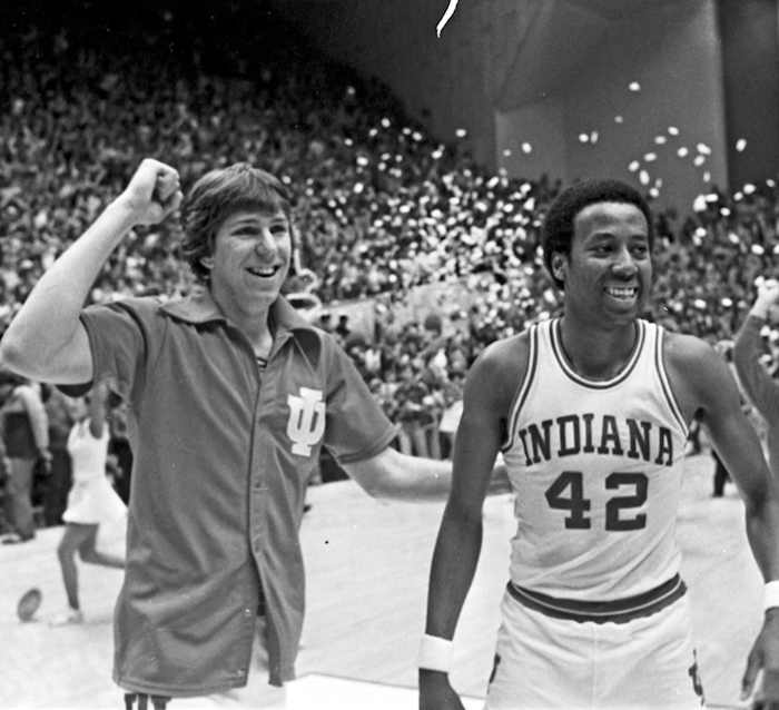 Steve Risley (left) and Mike Woodson celebrate winning the Big Ten championship after beating No. 9-ranked Ohio State on the final day of the regular season.