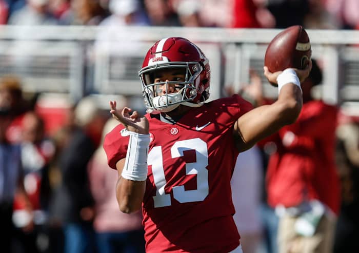 Nov 9, 2019; Tuscaloosa, AL, USA; Alabama Crimson Tide quarterback Tua Tagovailoa (13) warms up before the first half of an NCAA college football game against the LSU Tigers at Bryant-Denny Stadium. Mandatory Credit: Butch Dill-USA TODAY Sports