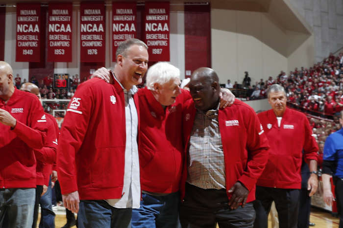 Quinn Buckner (right) shares a laugh with his former coach, Bob Knight, and Knight's son Patrick during reunion at Assembly Hall on Feb. 8. It was the first time Knight had returned to the iconic arena since he was fired 20 years earlier. (USA TODAY SPORTS)