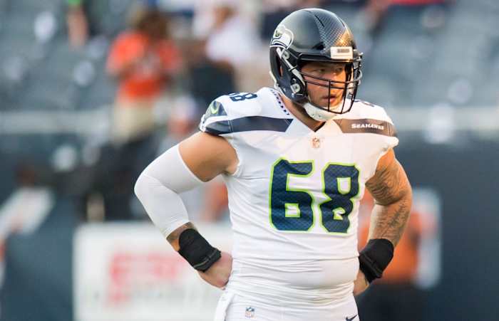 Seattle Seahawks center Justin Britt (68) stands prior to a game against the Chicago Bears at Soldier Field.