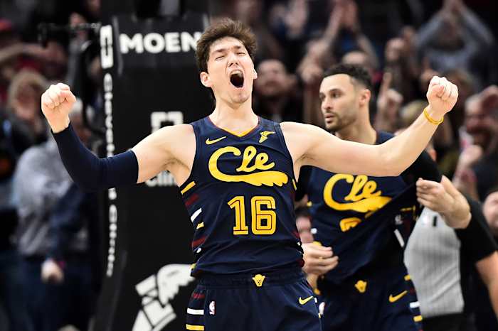 Cavaliers small forward Cedi Osman celebrates following the win over the Nuggets.