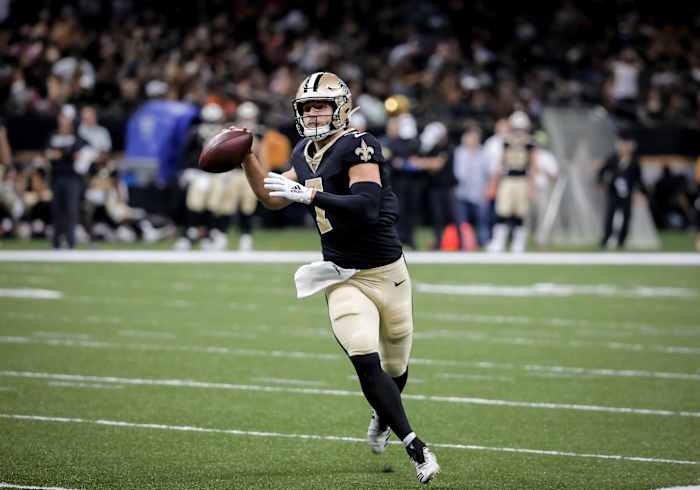 Aug 29, 2019; New Orleans, LA, USA; New Orleans Saints quarterback Taysom Hill (7) looks to throw against the Miami Dolphins during the second half of a preseason game at the Mercedes-Benz Superdome. Mandatory Credit: Derick E. Hingle-USA TODAY Sports
