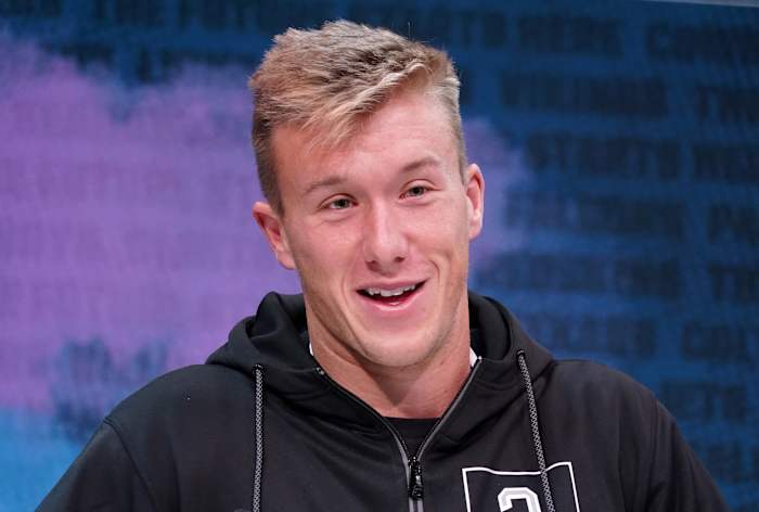 Feb 25, 2020; Indianapolis, Indiana, USA; Florida Atlantic Owls tight end Harrison Bryant speaks during the NFL Scouting Combine at the Indiana Convention Center.