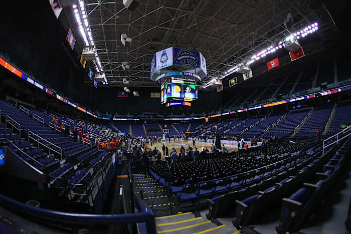 An empty Greensboro Coliseum ahead of the Clemson vs. Florida State ACC tournament men's basketball game.