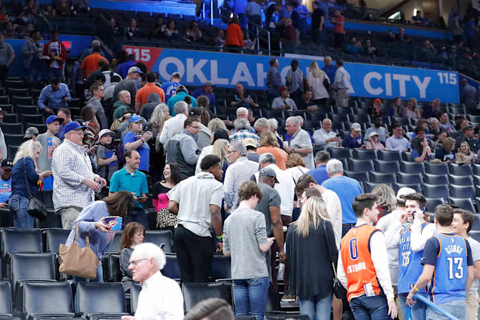 Fans leave after being told the Oklahoma City Thunder vs. Utah Jazz game had been cancelled just before tip off.