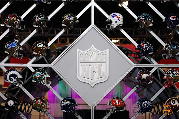 Jan 27, 2020; Miami, Florida; USA; General overall view of the NFL Shield logo and helmets at the NFL Experience at the Miami Beach Convention Center.