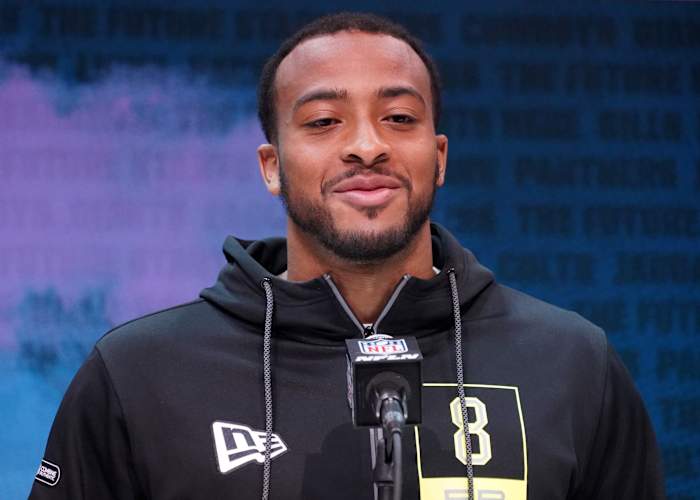 Feb 26, 2020; Indianapolis, Indiana, USA; Boston College running back A J Dillon (AJ Dillon) during the NFL Scouting Combine at the Indiana Convention Center.