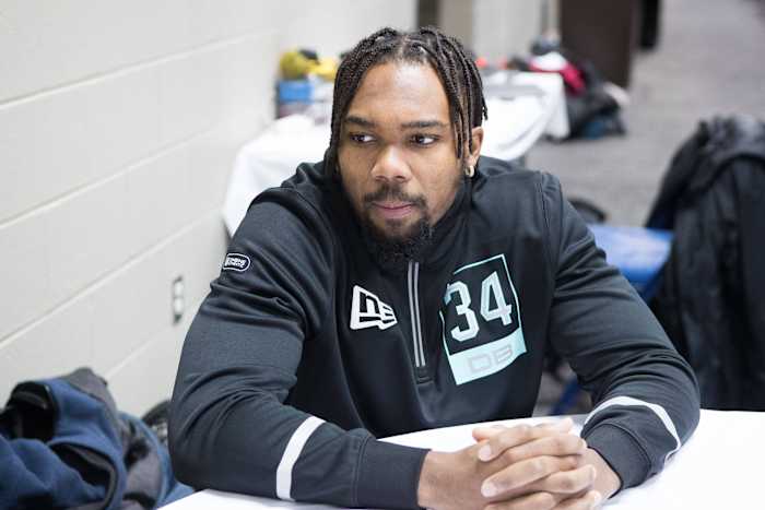 Feb 28, 2020; Indianapolis, Indiana, USA; Georgia Southern defensive back Kindle Vildor (DB34) speaks to the media during the 2020 NFL Combine in the Indianapolis Convention Center.