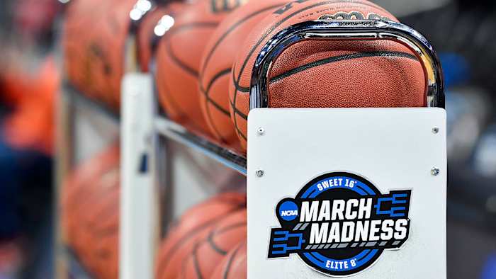 A rack of basketballs at March Madness