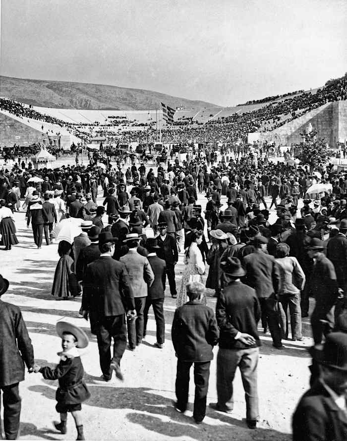 Spectators in April 1896 at the restored Panathenaic Stadium.