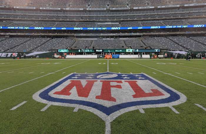 Nov 24, 2019; East Rutherford, NJ, USA; General overall view of the NFL shield logo at midfield at MetLife Stadium. The Jets defeated the Raiders 34-3.