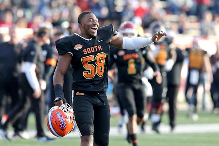 Jan 25, 2020; Mobile, AL, USA; South defensive lineman Jonathan Greenard of Florida (58) gestures in the second half of the 2020 Senior Bowl college football game at Ladd-Peebles Stadium.