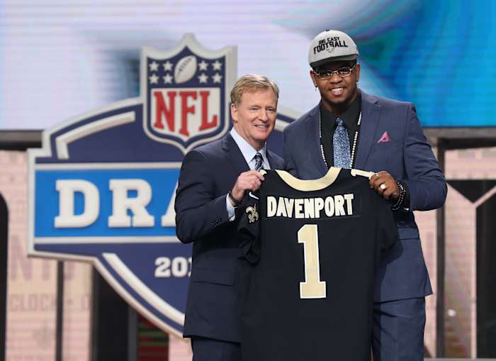 Apr 26, 2018; Arlington, TX, USA; NFL commissioner Roger Goodell with Marcus Davenport as selected as the number fourteen overall pick to the Tampa Bay Buccaneers in the first round of the 2018 NFL Draft at AT&T Stadium. Mandatory Credit: Matthew Emmons-USA TODAY Sports