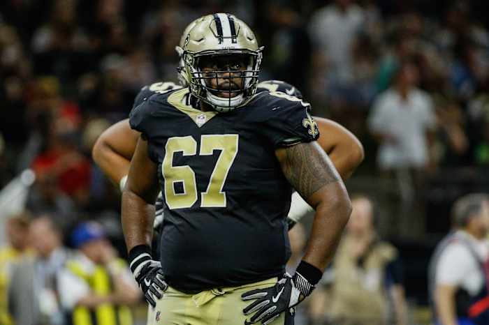Aug 26, 2017; New Orleans, LA, USA; New Orleans Saints guard Larry Warford (67) against the Houston Texans during the first half of a preseason game at the Mercedes-Benz Superdome. Mandatory Credit: Derick E. Hingle-USA TODAY Sports