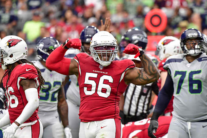 Cardinals outside linebacker Terrell Suggs celebrates after sacking Seahawks quarterback Russell Wilson during a game in 2019. Seattle is considered the Cardinals' top rival.