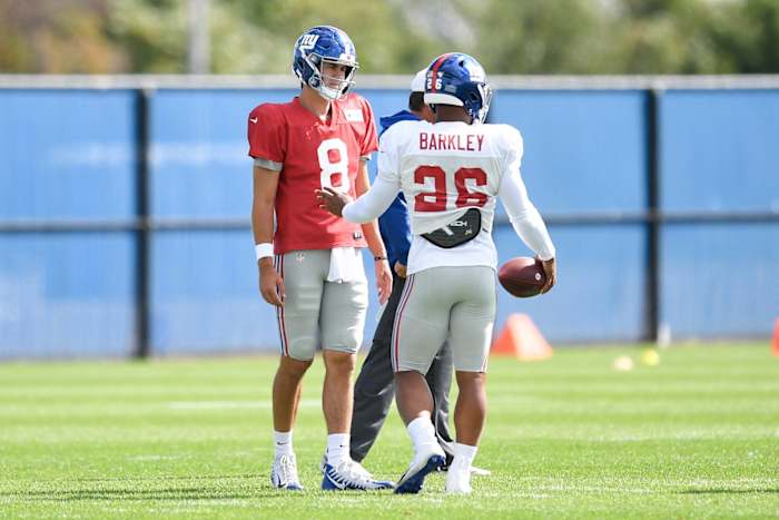New York Giants quarterback Daniel Jones (8) works with running back Saquon Barkley (26) during practice on Wednesday, Sept. 18, 2019, in East Rutherford. The Giants named Jones the starting quarterback over veteran Eli Manning (not pictured) in Week 3 against the Tampa Bay Buccaneers.