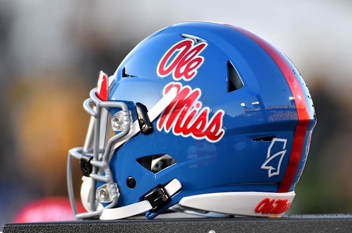 A general view of a Mississippi Rebels helmet during the game against the Missouri Tigers at Memorial Stadium/Faurot Field. Mandatory Credit: Denny Medley-USA TODAY Sports