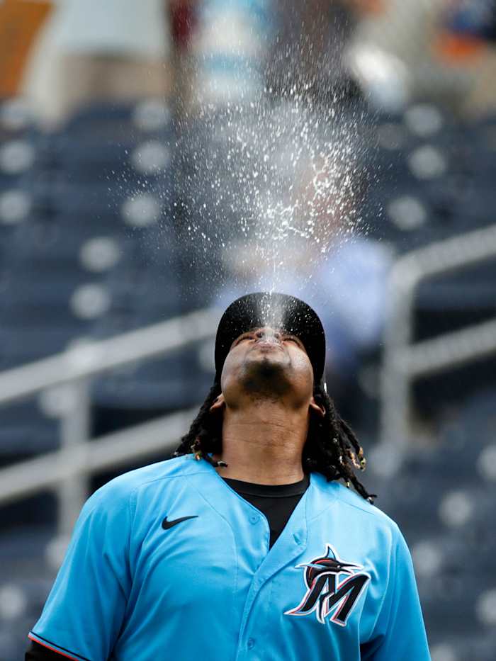 Jose Urena spitting in the air