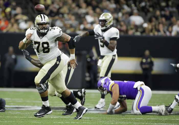 Aug 9, 2019; New Orleans, LA, USA; New Orleans Saints center Erik McCoy (78) blocks on a screen during the second quarter against the Minnesota Vikings at the Mercedes-Benz Superdome. Mandatory Credit: Derick E. Hingle-USA TODAY Sports