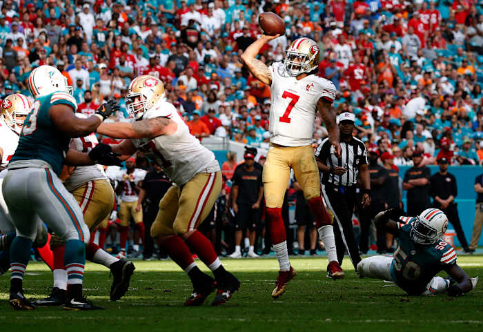 The football case for Kaepernick includes a 2016 season in which he threw 16 TDs (against four INTs), including three scores against the Dolphins.