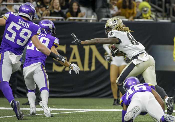 Aug 9, 2019; New Orleans, LA, USA; New Orleans Saints wide receiver Lil'Jordan Humphrey (84) scores past Minnesota Vikings safety Marcus Epps (39) during the second half at the Mercedes-Benz Superdome. Mandatory Credit: Derick E. Hingle-USA TODAY Sports