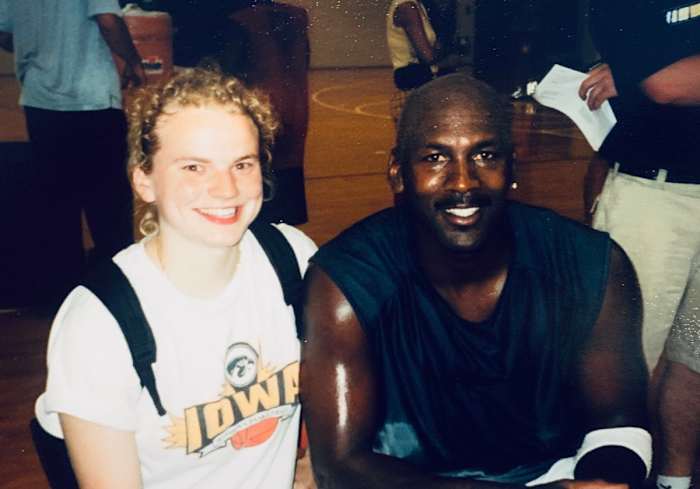 Mary Berdo with Michael Jordan at one of Jordan's camps at Elmhurst College in Chicago, 2001.
